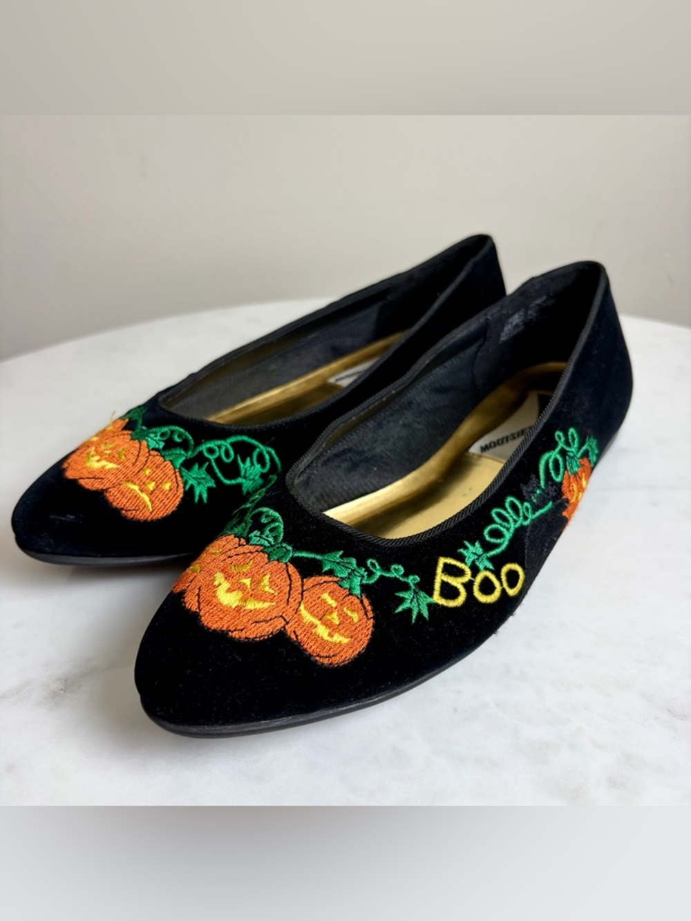 Vintage Mootsies Tootsies Halloween Flats Shoes Sz 7 Black Velvet Embroidered